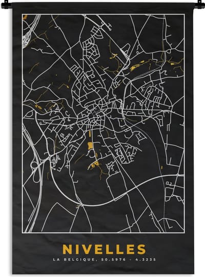 Wandkleed - Wanddoek - Goud - Stadskaart - Plattegrond - Nivelles - Kaart - 120x180 cm - Wandtapijt