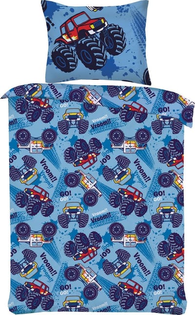 Kinderdekbedovertrek - Dekbedovertrek set-Monster truck- Vroom-Rood-Lichtblauw-Eenpersoons -140 x 220-cm + 1 kussensloop 60x70cm