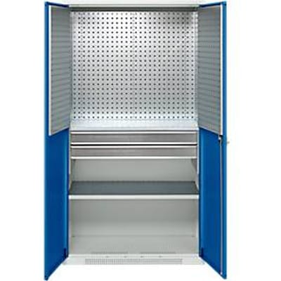 Schäfer Shop Genius materiaalkast FS, 5 OH, afsluitbaar, geperforeerde roosterwanden/2 laden/2 legborden, tot 450 kg, B 1055 x D 520 x H 1950 mm, lichtgrijs/enzianblauw + gratis inzetbakset-24 st.