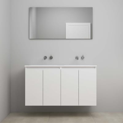 On-Line Badkamermeubelset - 120 cm - Voorgemonteerd - Greeploos 4 Deuren - Acryl Wastafel - Kraangat naar Keuze - Spiegel - Hoogglans Wit