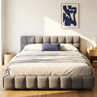 Gestoffeerd Tweepersoonsbed 140x200 cm - Laag Bedframe met Inlegontwerp - Linnen en Metaal/Hout - Minimalistisch - Grijs