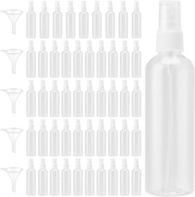50 Stuks 100ml Plastic Refillable Sprayflessen met Doppen, Duidelijke Fijne Mist Flessen met 5 Trechters, Ideaal voor Thuis, Reizen en Make-up Gebruik