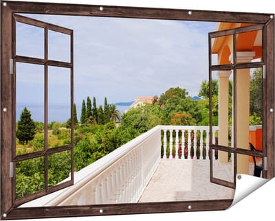Gards Tuinposter Doorkijk Terras in Toscane - 150x100 cm - Tuindoek - Tuindecoratie - Wanddecoratie buiten - Tuinschilderij
