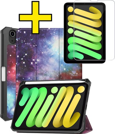 Hoes - Geschikt voor Apple iPad Mini 7 (2024) - 8.3 inch - 7e Generatie - Met Screenprotector - Trifold Bookcase - Hard Cover Case - Met Uitsparing Geschikt voor Apple Pencil - Hardcover Book - Tablet Hoesje - Galaxy