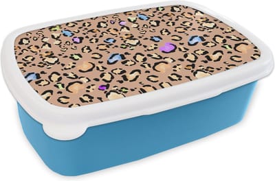 Broodtrommel Blauw - Lunchbox - Brooddoos - Panterprint - Regenboog - Patroon - 18x12x6 cm - Kinderen - Jongen
