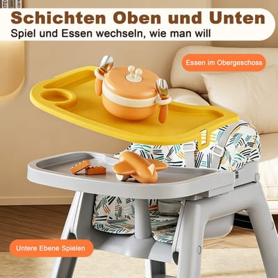 STILVORA Kinderstoel – 3 Verwisselbare PP Eetbladen – 59 x 76 x 96 cm – Polypropyleen – Grijs – Met Wielen, Opbergmand En Eetblad