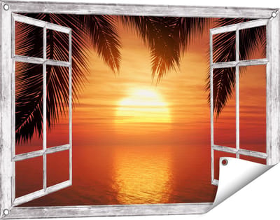 Gards Tuinposter Doorkijk Zonsondergang op het Strand met Palmbomen - 90x60 cm - Tuindoek - Tuindecoratie - Wanddecoratie buiten - Tuinschilderij