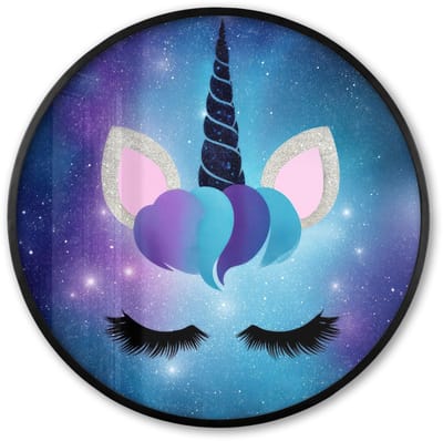 Poster in lijst Rond - Fotolijst 60x60 cm - Posters - Eenhoorn - Sterren - Magisch - Blauw - Ronde posterlijst zwart - Decoratie - Wanddecoratie woonkamer - Muurdecoratie slaapkamer