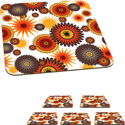 Onderzetters voor glazen - Design - Retro - Oranje - Bloemen - 10x10 cm - Glasonderzetters - 6 stuks