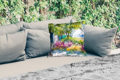 Buitenkussen - Schilderij - Planten - Bloemen - Huis - Olieverf - 45x45 cm - Weerbestendig