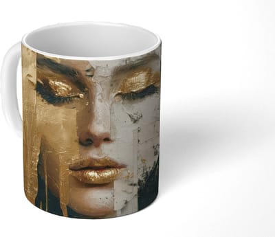 Mok - Koffiemok - Abstract - Goud - Gezicht - Lippen - Mokken - 350 ML - Beker - Koffiemokken - Theemok