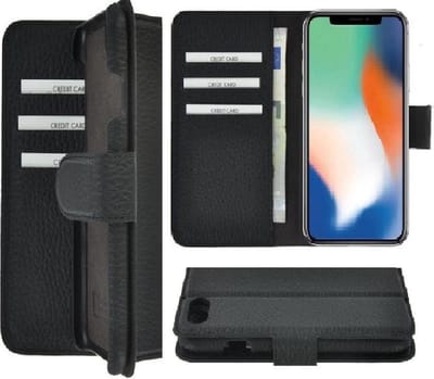 Geschikt voor iPhone X hoesje – Xs hoesje - Bookcase - Portemonnee Hoesje Echt leer Wallet case Geribbeld Zwart