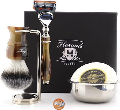 Een complete scheerset met 5 Edge-scheermes, S met borstel, scheerstandaard, scheerzeep en kom, cadeau voor hem (scheercadeauset)