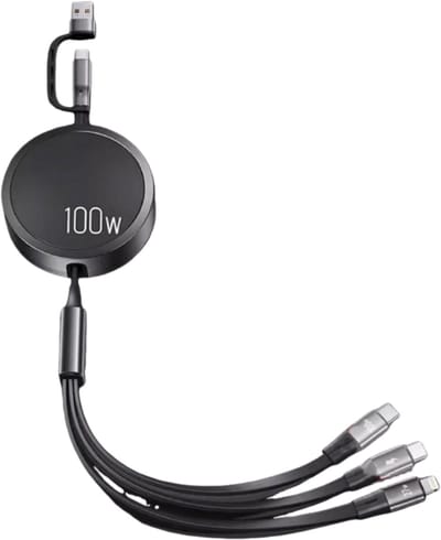 longziming -Multi Oplaadkabel – USB A/C Oprolbare Multi-Kabel – 6-in-1 Snellader 100W PD – Verstelbaar 30-120cm – Compact en Draadloos voor Thuis, Kantoor en Onderweg