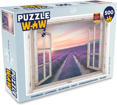 Puzzel Doorkijk - Lavendel - Bloemen - Hout - Zonsondergang - Paars - Legpuzzel - Puzzel 500 stukjes