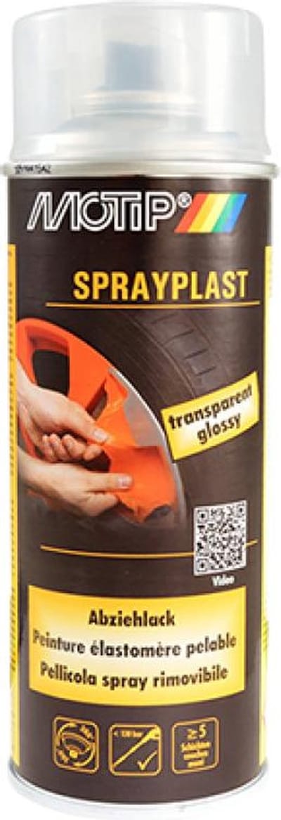 Bombe de peinture vernis brillant élastomère pelable Motip Sprayplast 396571 pour carrosserie moto scooter