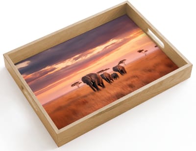 Dienblad hout 40x30 cm - Schootdienblad - Groep olifanten - Open vlakte - Zon - Borrelplank rechthoek - Plateau dienbladen