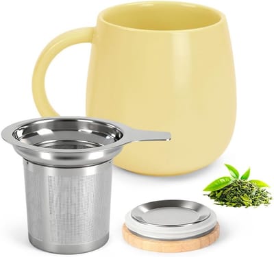 Koffiemok met Filter en Deksel, 480 ml Porselein Theekop met Zeef, Vaatwasserbestendig voor Koffie en Thee Liefhebbers, Geel