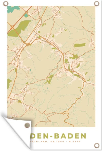 Muurdecoratie Baden-Baden - Vintage - Plattegrond - Kaart - Stadskaart - 120x180 cm - Tuinposter - Tuindoek