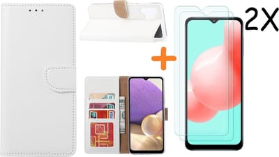 Hoesje Geschikt Voor Samsung Galaxy A32 hoesje bookcase Wit Met screenprotector / 2X tempered glass