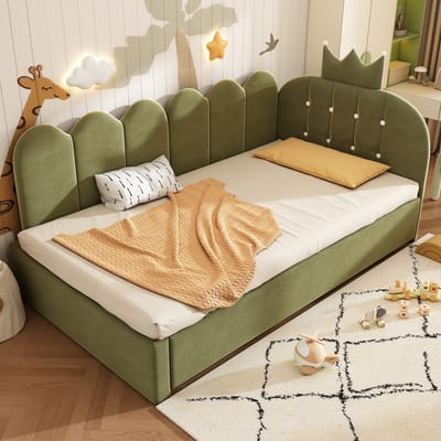 COVREO Bedbank met uitziehbed – 203x98x95 cm – Slaapbank van stof en metaal – kinderkamer en logeerkamer – Groen - zonder matras