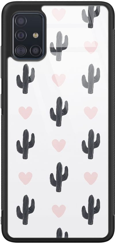 Hoesje geschikt voor Samsung Galaxy A51 - Cactus hartjes - Luxe Glazen Hardcase - Natuur - Roze