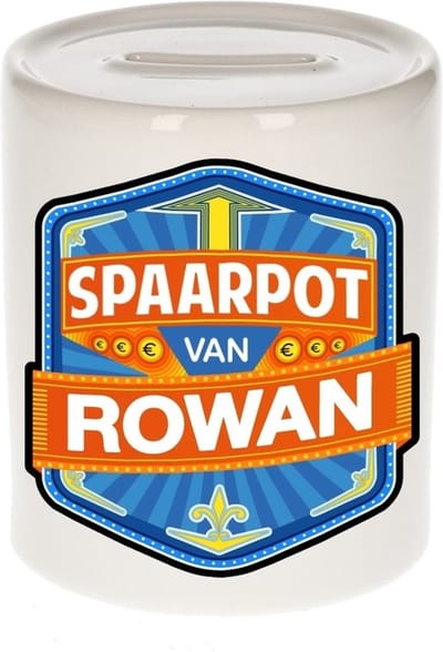 Bellatio Decorations Kinder spaarpot met naam - Rowan - keramiek - met dop - wit - Sparen - Spaargeld van Rowan