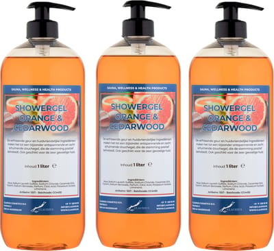 Douchegel Sweet Orange & Cedarwood 1 liter - set van 3 stuks - met gratis pomp - showergel