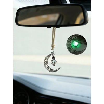 Lichtgevende Maan Hanger Auto Hangend Ornament – Holle Halve Maan Ontwerp, Ingelegd met Lichtgevende Steen, Elegante Achteruitkijkspiegel Decoratie groen