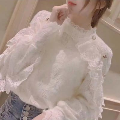 Chemisier en dentelle pour femme, haut deux pièces, col rond, volants, châle, printemps et automne 2XL blanc