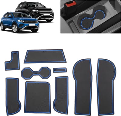Non-slip rubberen vloermatten voor VW T-Cross 2018-2025, geschikt voor Center Console, bekerhouder en deurgroeven (Blauw)