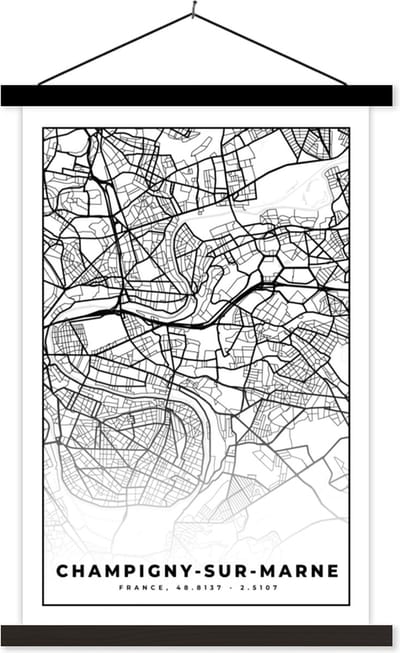 Posterhanger incl. Poster 40x60 cm - Schoolplaat - Kaart - Plattegrond - Champigny-sur-Marne - Frankrijk - Stadskaart - Zwart wit - Textielposter - Zwarte latten - Stadskaart