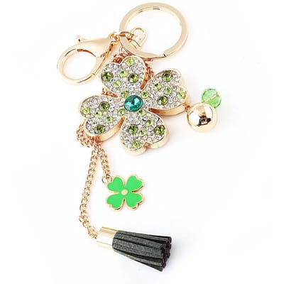 Porte-clés trèfle à quatre feuilles porte-bonheur en cristal, porte-clés de voiture, pendentif boucle de sac à pompon pour femme(vert) vert