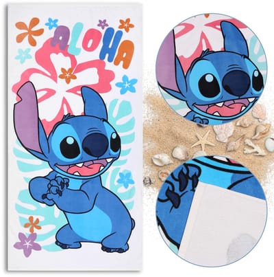 DISNEY Stitch ALOHA Witte katoenen handdoek, strand- en badhanddoek voor kinderen, SNELDROGEND 70x140 cm, OEKO-TEX