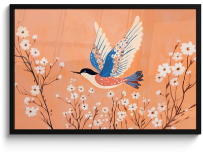 Poster in lijst - Fotolijst 90x60 cm - Posters - Vogel - Bloesemtakken - Warm - Kleurrijk - Posterlijst zwart - Decoratie - Wanddecoratie woonkamer - Muurdecoratie slaapkamer