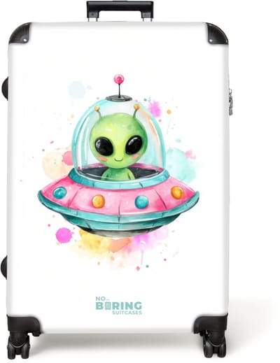 NoBoringSuitcases.com® - Koffer groot - Reiskoffer lichtgewicht - Alien in een kleurrijke ufo - Rolkoffer met 4 wielen - Grote trolley XL - 98 liter bagage