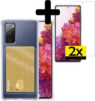 Hoesje - Geschikt voor Samsung Galaxy S20 FE - Met 2x Screenprotector - Pashouder - Kaarthouder - Telefoon Hoes Shockproof - Siliconen Case - Back Cover - Shock Proof - Pasjes Houder - Telefoonhoesjes - Transparant