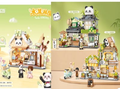 LOZ 1380 & 1382 & 1383 - 3 in 1 Bundle - Panda World Bundel - Panda Icecream house & Cute Little Bear Cafe & Panda Tea House
