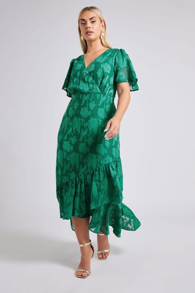 Yours London Wikkeljurk Met Jacquard Bloemenmotief En Ruchezoom In Groen Size 42