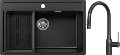 Anycee Max Granieten Spoelbak 70x46CM - Spoelbak Keuken Met Kraan Keuken - Enkele spoelbakken Met Afdruiprek en Sifon - Afvoer en Overloopset