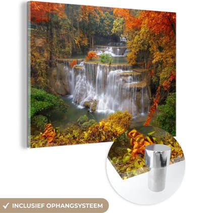 MuchoWow® Glasschilderij 40x30 cm - Schilderij acrylglas - Bomen - Waterval - Herfst - Foto op glas - Schilderijen