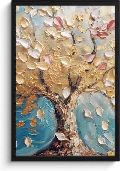 Poster in lijst - Fotolijst 40x60 cm - Posters - Boom - Blauw - Goud - Abstract - Modern - Posterlijst zwart - Decoratie - Wanddecoratie woonkamer - Muurdecoratie slaapkamer
