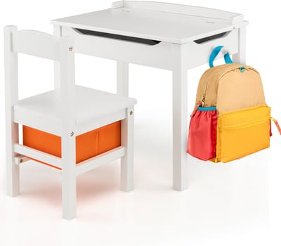 COSTWAY Kindertafel met stoel, bureau van massief hout met inklapbaar tafelblad, lade en haken, activiteitstafel kinderzitgroep met opbergruimte, voor kinderen vanaf 3 jaar (wit)