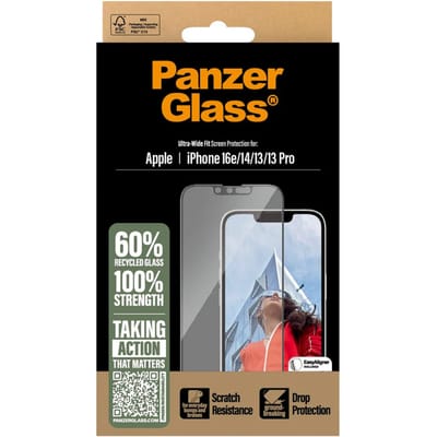 PanzerGlass Ultra-Wide Fit PGRNUWFG29845-PG Screenprotector (glas) Apple iPhone 13., iPhone 13 Pro, iPhone 14., iPhone 16e 1 stuk(s) Antibacterieel,
