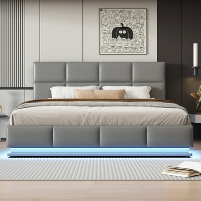 VVBV Opbergbed Gestoffeerd 180x200 cm met LED-Verlichting, Lattenbodem - Voor Kinderen/Tieners - PU-leer Lichtgrijs/Grijs