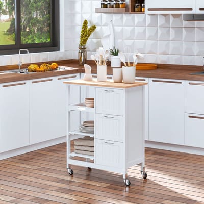 MODFU - Keukentrolley - 3 Laden En Open Opbergruimte - Met Werkblad En Wielen - MDF En Grenenhout - Wit - 67 X 37 X 84 Cm