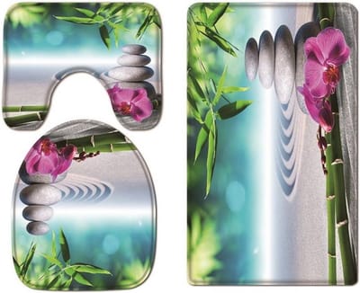 A.Monamour Yoga Meditatie Zen Groene Planten Orchidee Bloem Rotsen Stenen Print Flanel Doek Wasbare Toiletbril Covers Toiletdeksel Kussens Pads Skidproof Badmat Tapijt voor Toilet Accessoires