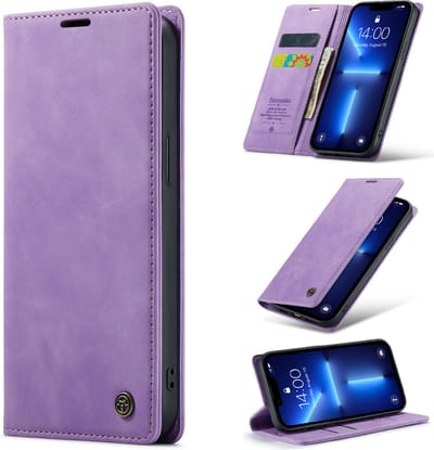Casemania Hoesje Geschikt voor Apple iPhone 13 Bright Lila - Dunne Portemonnee Book Case - Slim Wallet Case met Pasjeshouder