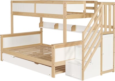 REDOM Stapelbed 90x200 & 120x200 cm – Wit/naturel – Met uittrekbed, opbergtreden & kledingkast