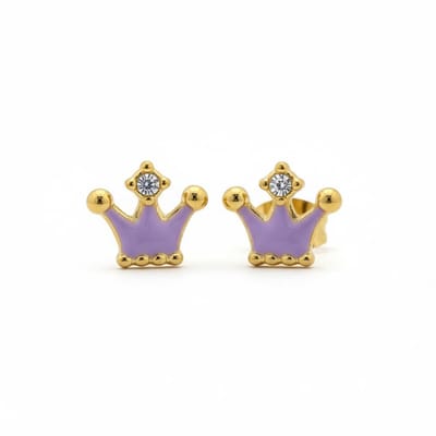Aramat Jewels | Oorbellen | Stalen Emaille oorbellen kroontje met steentje | Goudkleur / Roze | |7mm | Staal | Kinderen, Volwassenen | Verkleurd niet